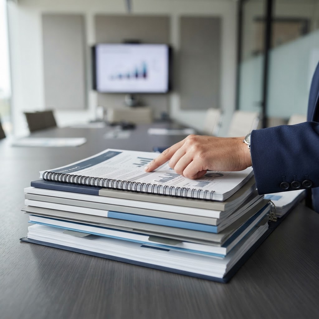 Close up of professional research reports on a desk