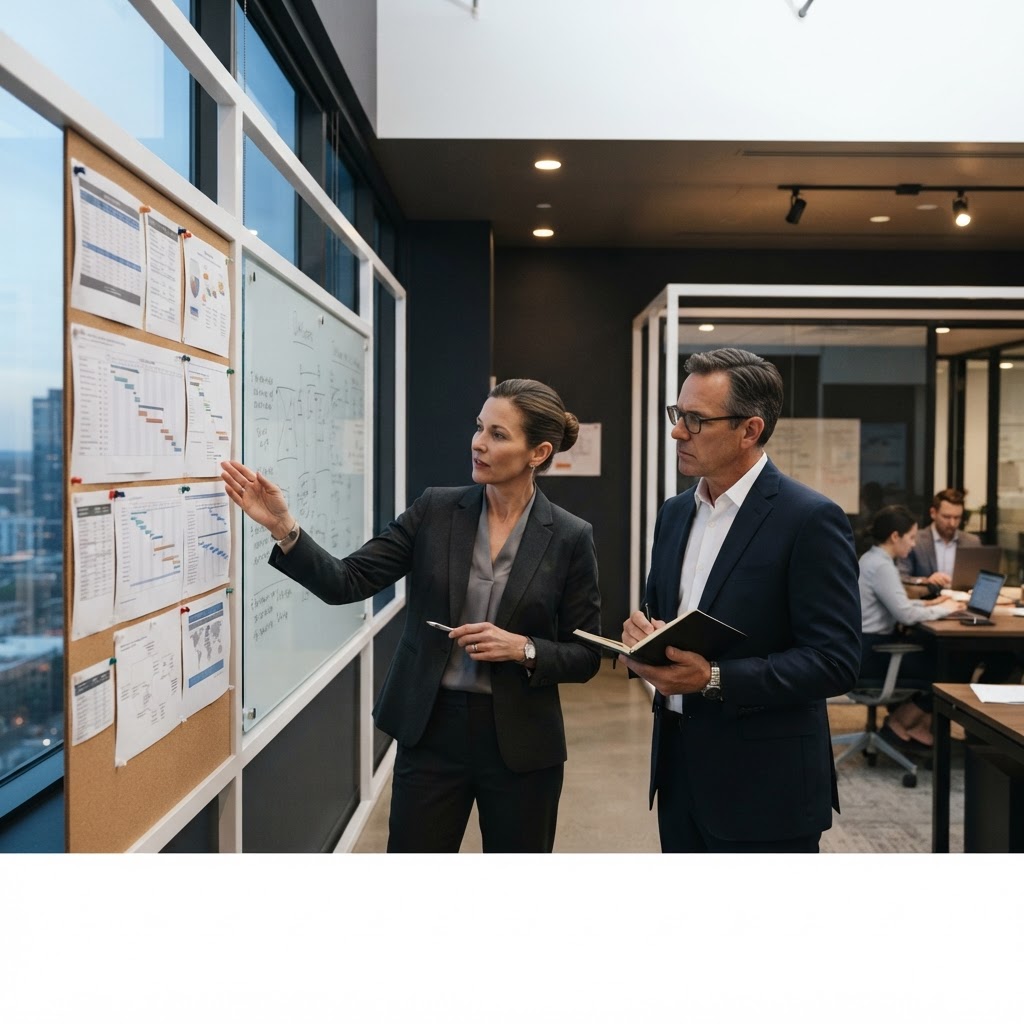 Professionals discussing a project in a modern office