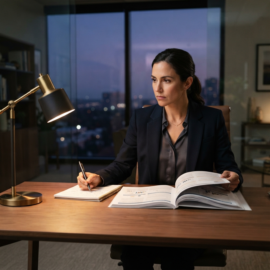 Compliance officer reviewing a professional report in a modern office