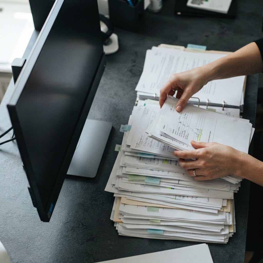 Professional organizing physical documents on a dark desk