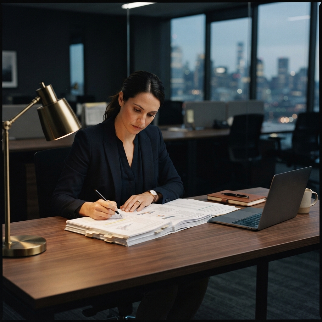 Compliance officer reviewing audit documents at a desk