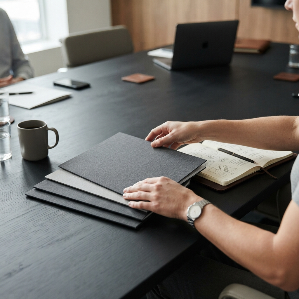 Organized professional documents on a conference table