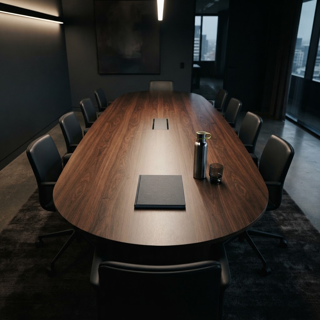 A minimalist boardroom table with a bound report and a green-accented water bottle