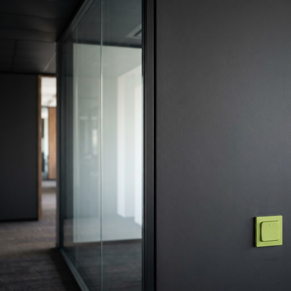 Minimalist architectural detail of a dark office with a lime green accent
