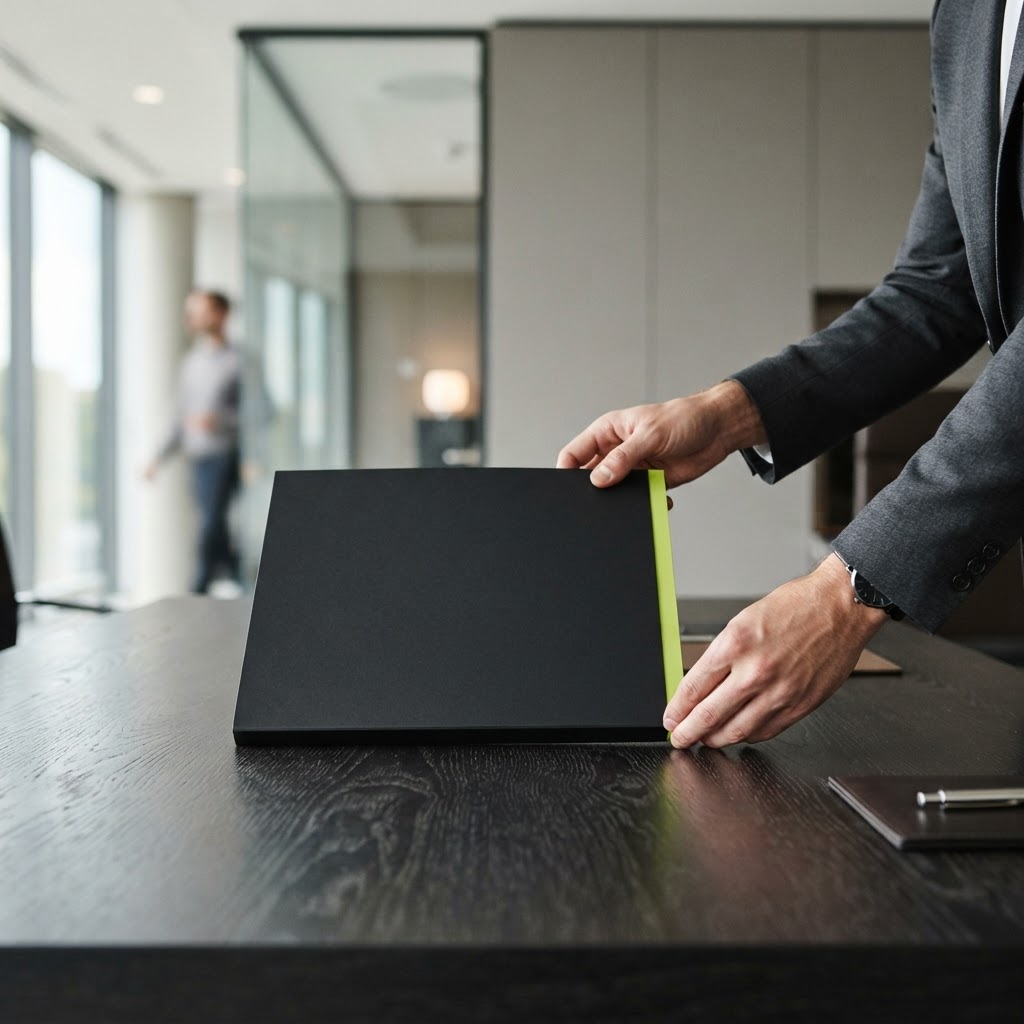 Professional hands organizing a folder with a green accent strip