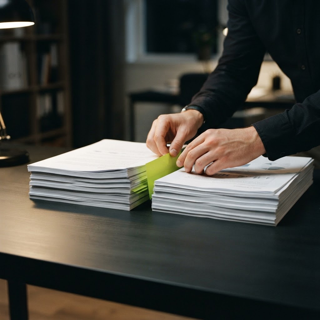 Professional hands organizing research reports with lime green dividers