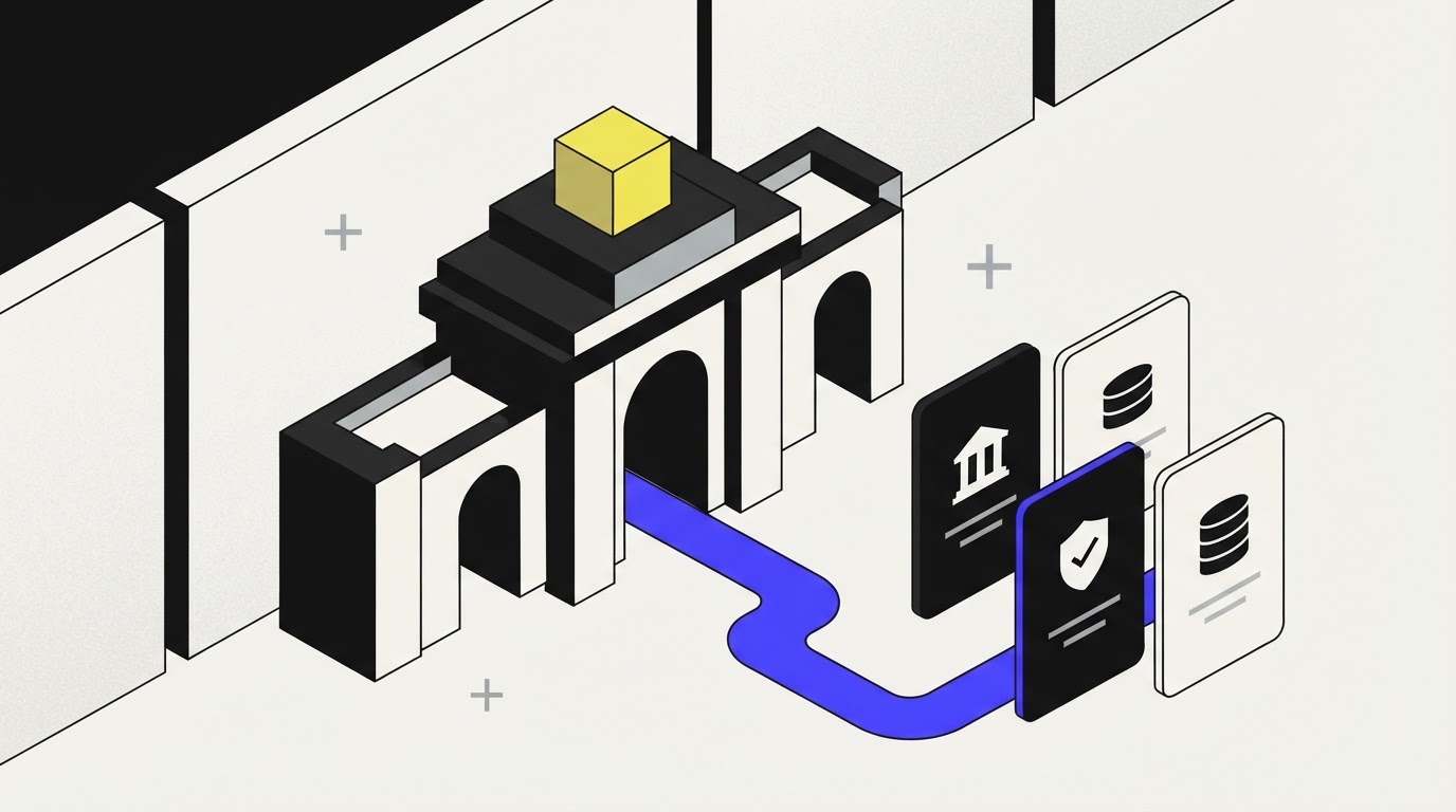 Isometric architectural gatehouse representing compliant agent software entry