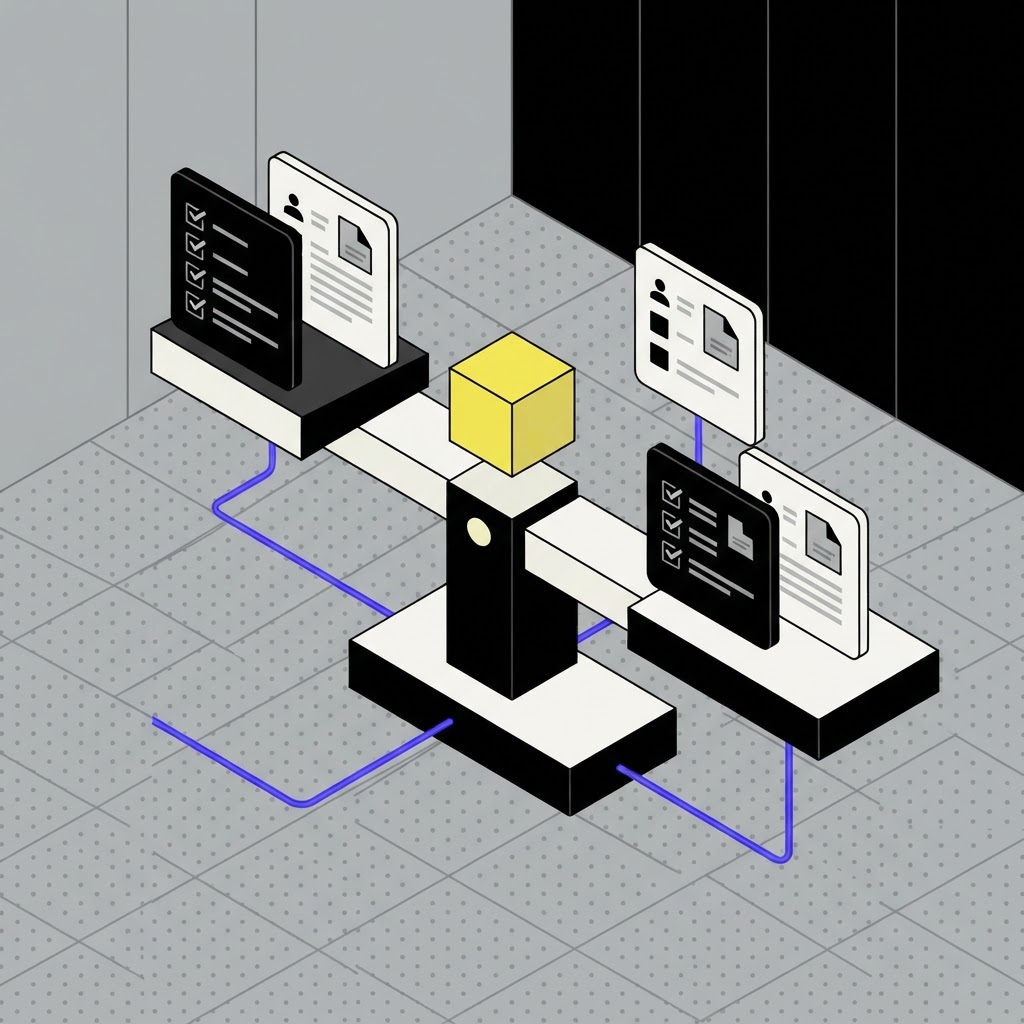 Isometric scale illustrating evaluation of generic versus custom software
