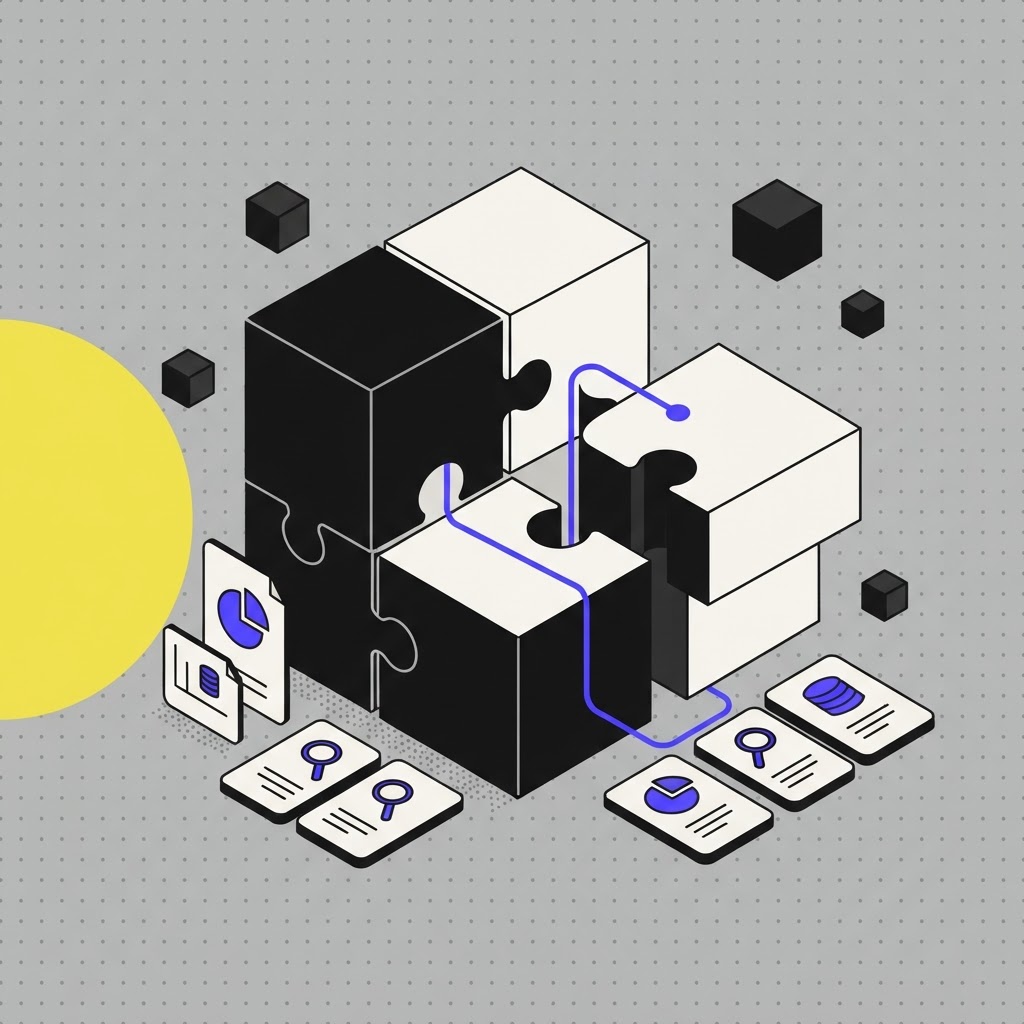 Interlocking geometric puzzle blocks representing pricing model evaluation