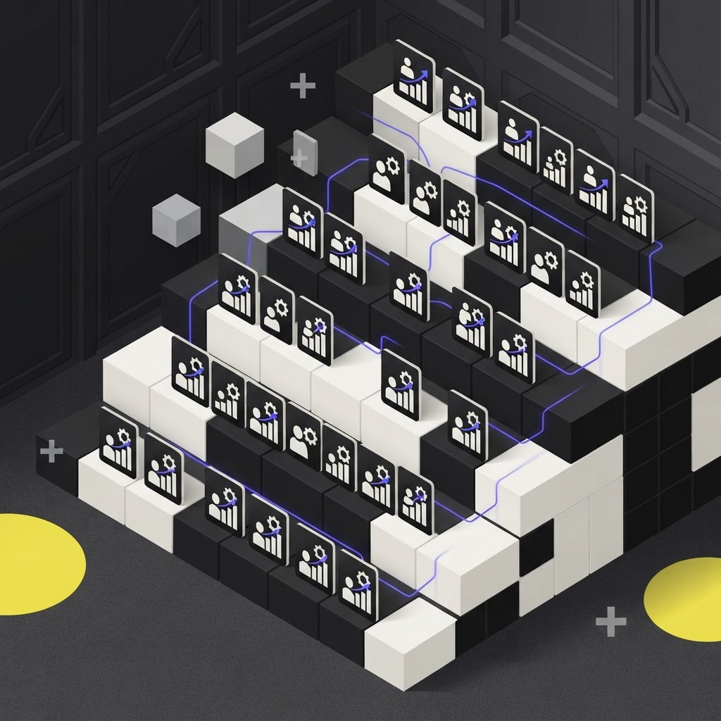 Tiered architectural seating symbolizing scaling research volume and cost