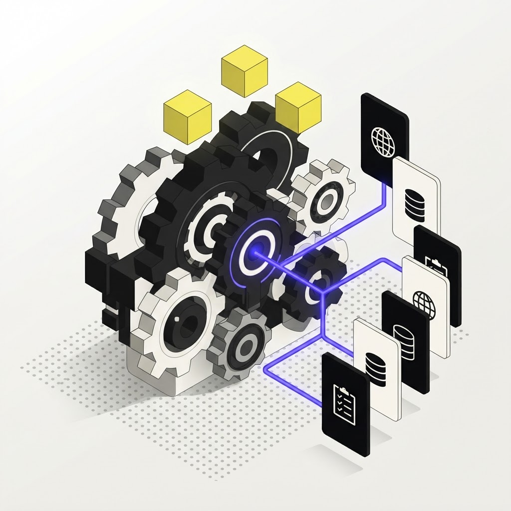 A geometric gear assembly representing continuous monitoring and compliance workflows.