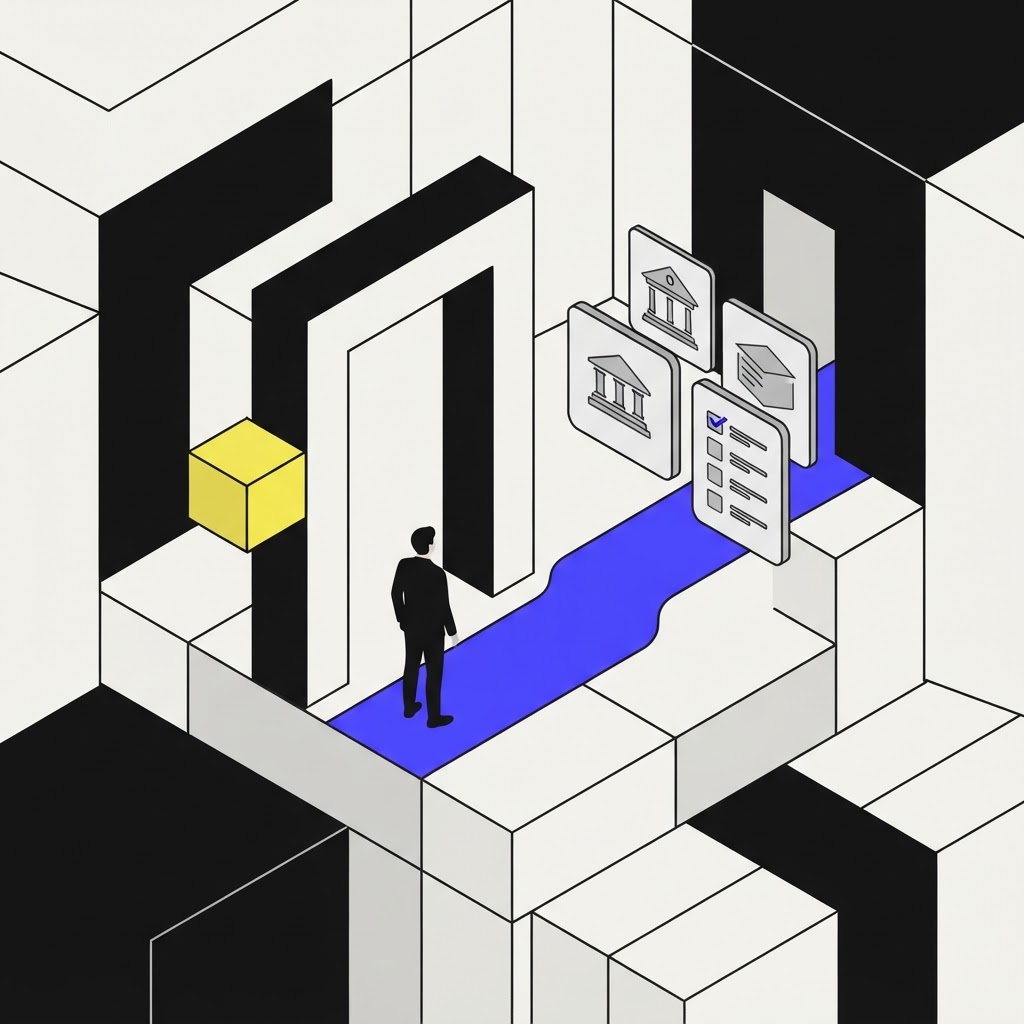 An isometric portal symbolizing automated fintech onboarding and compliance access.