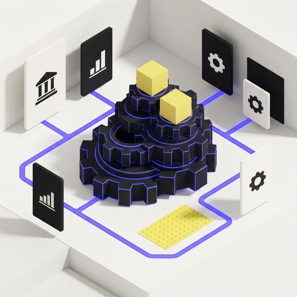 Isometric illustration of interlocking gears representing integrated AI underwriting workflows