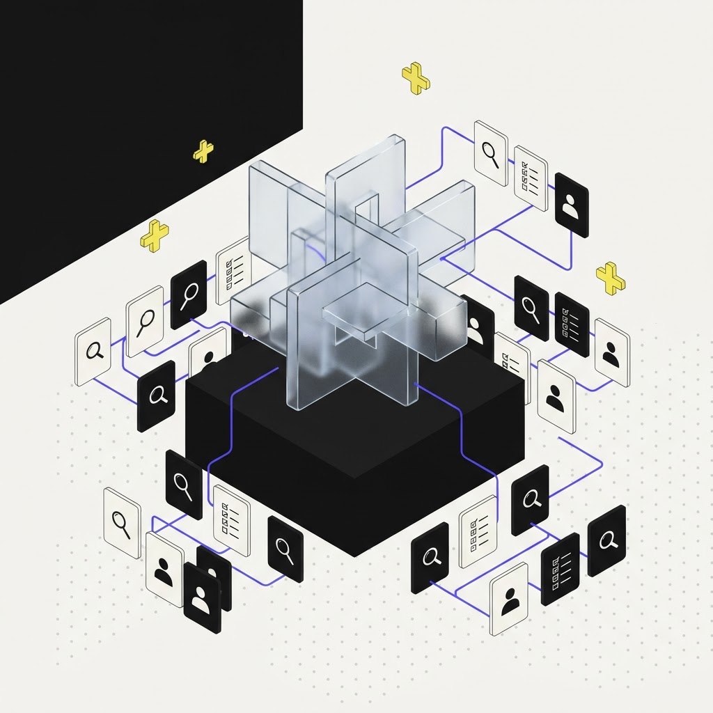 Isometric illustration of interlocking glass panels representing traceable compliance logic
