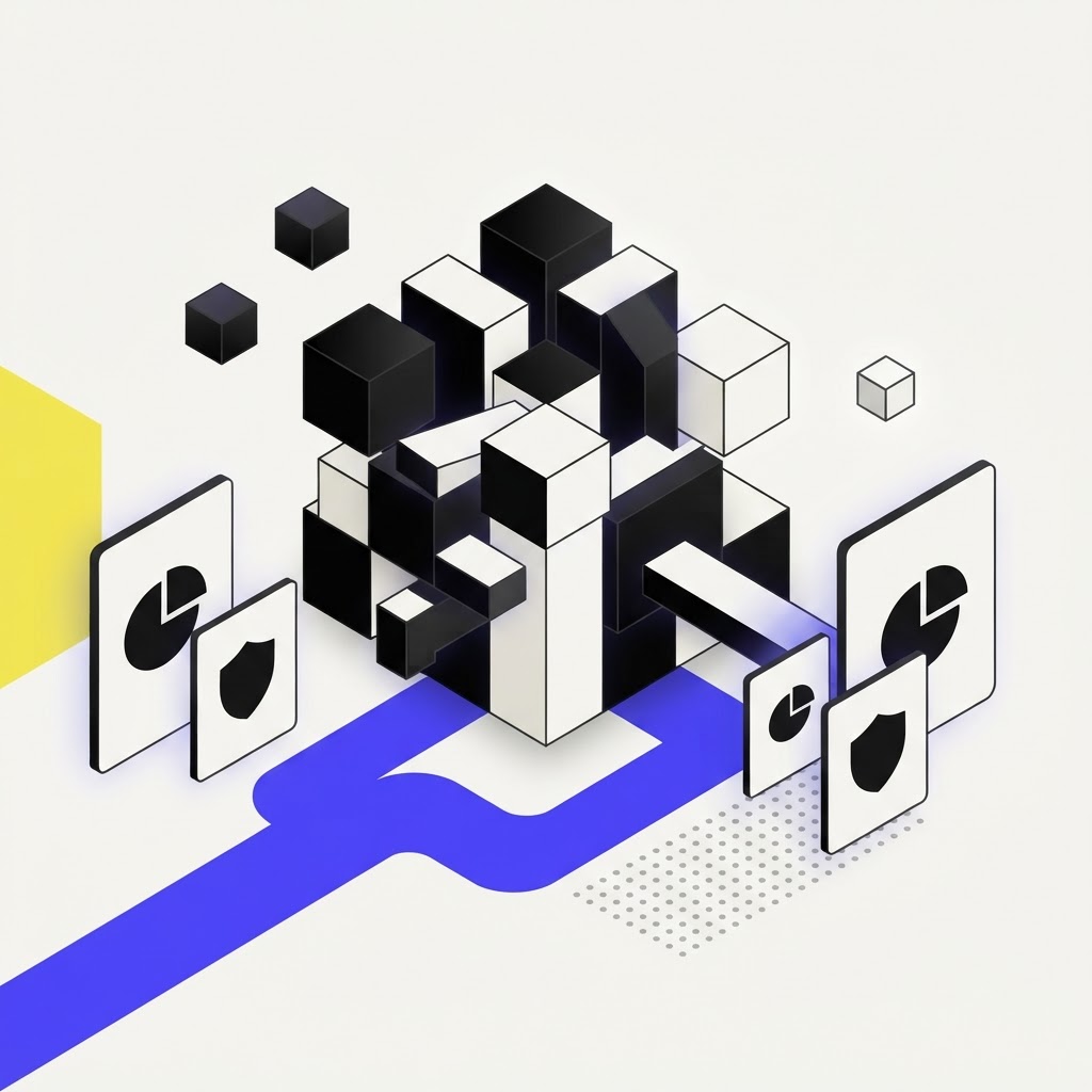 Interlocking geometric cubes showing data governance and system integration
