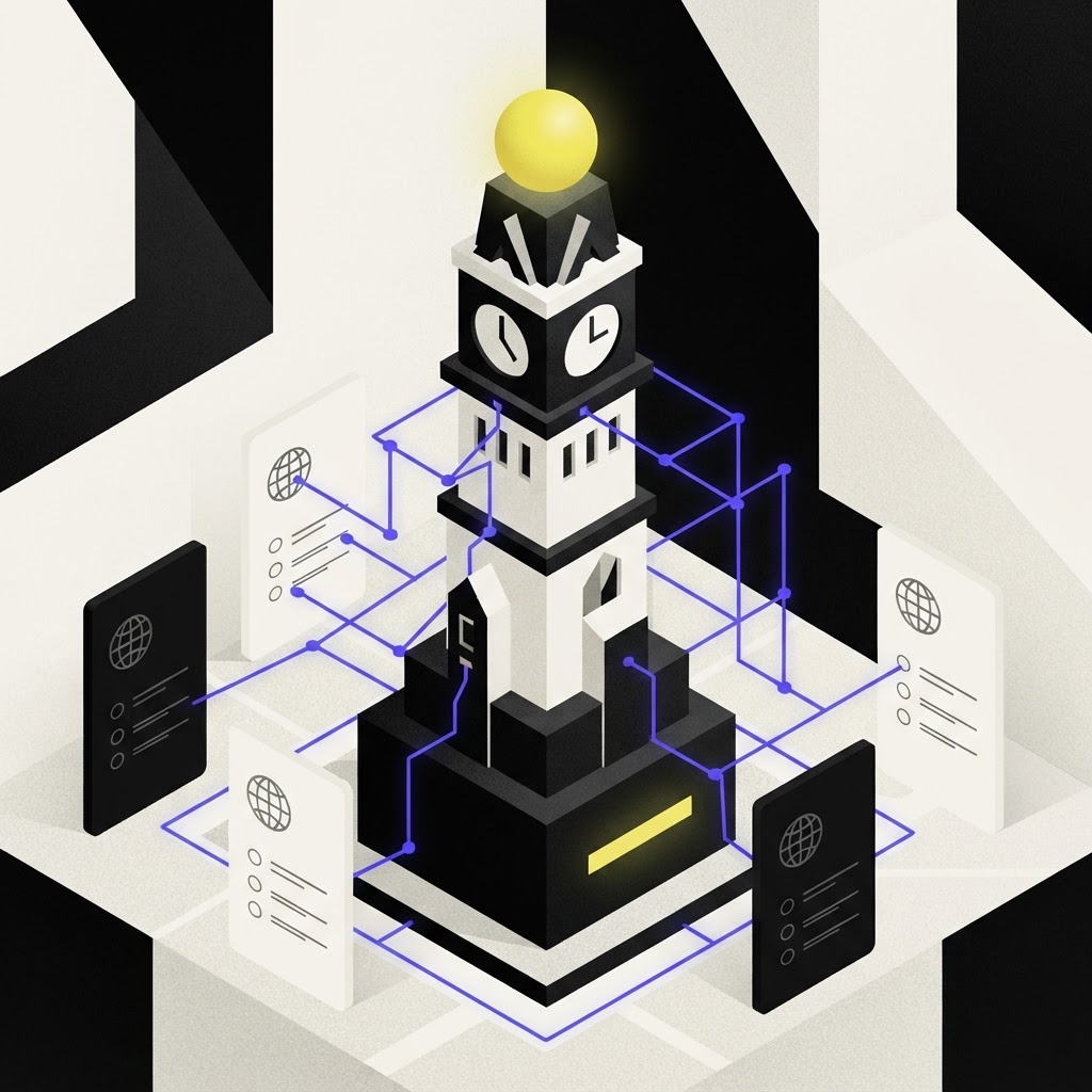 Tiered clock tower structure representing continuous compliance monitoring