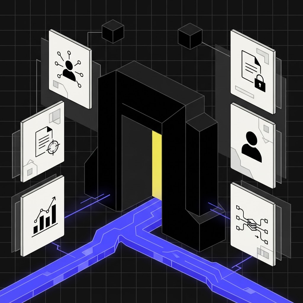 Isometric gateway portal symbolizing secure data boundary and auditability