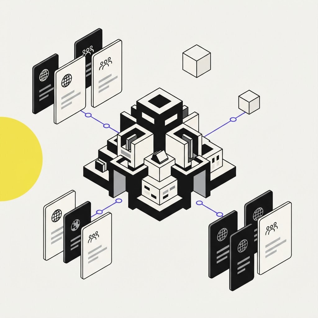 Isometric illustration of a central hub connecting to multiple data cards