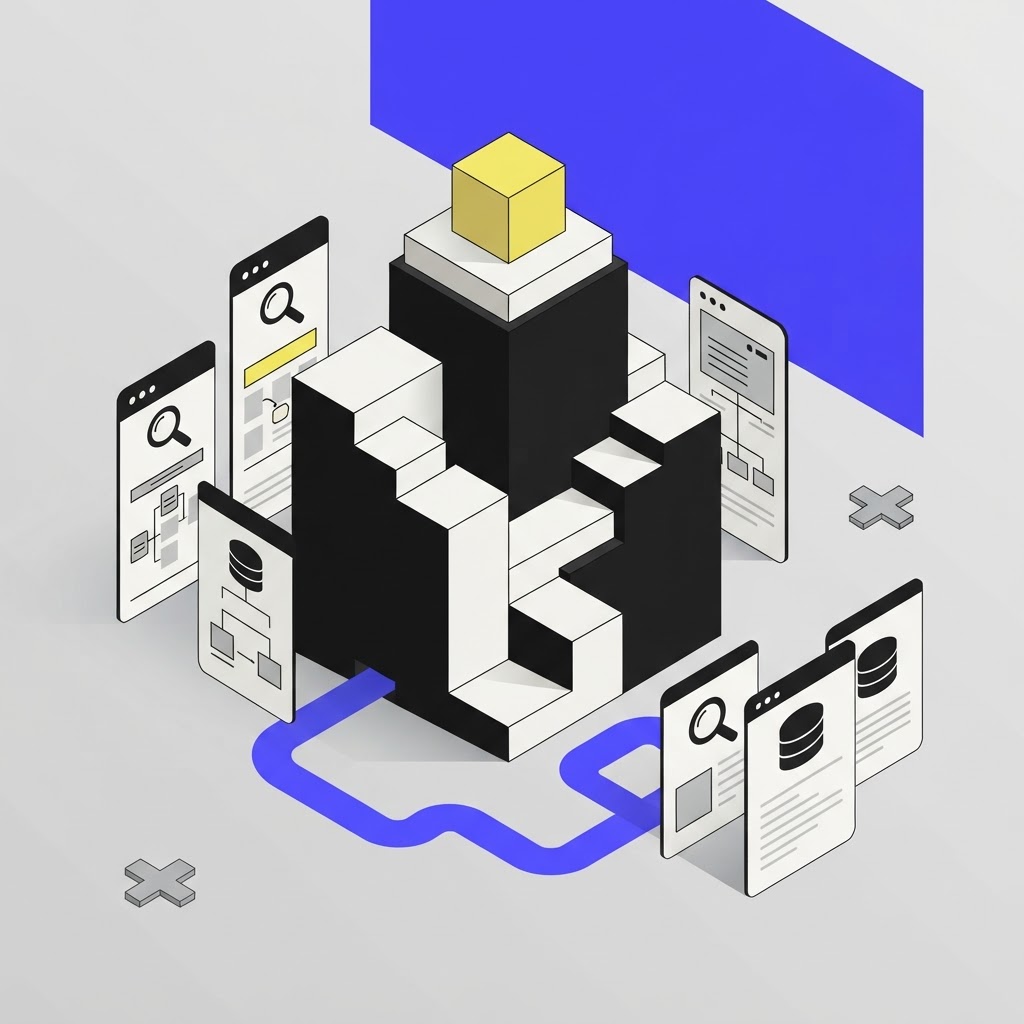 Isometric illustration of a research pedestal with connected document cards