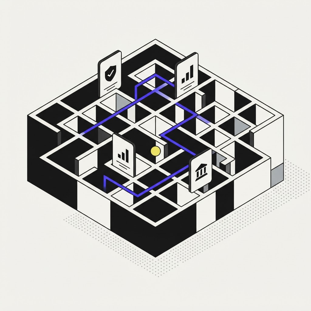 Isometric illustration of a structured grid housing document data cards