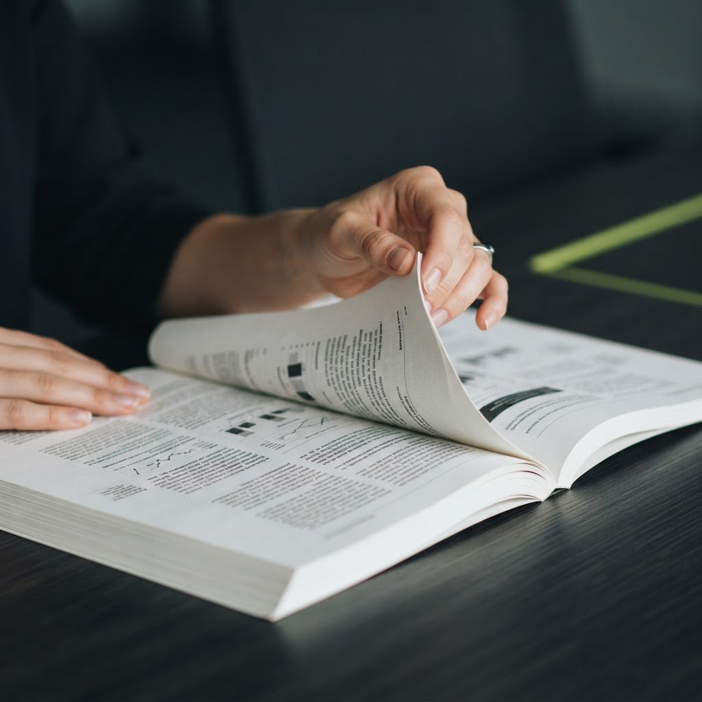 Close up of hands turning pages of a research report