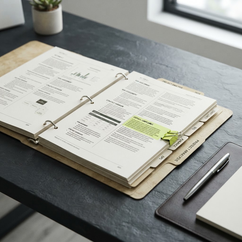 Close up of organized research documentation with status markers