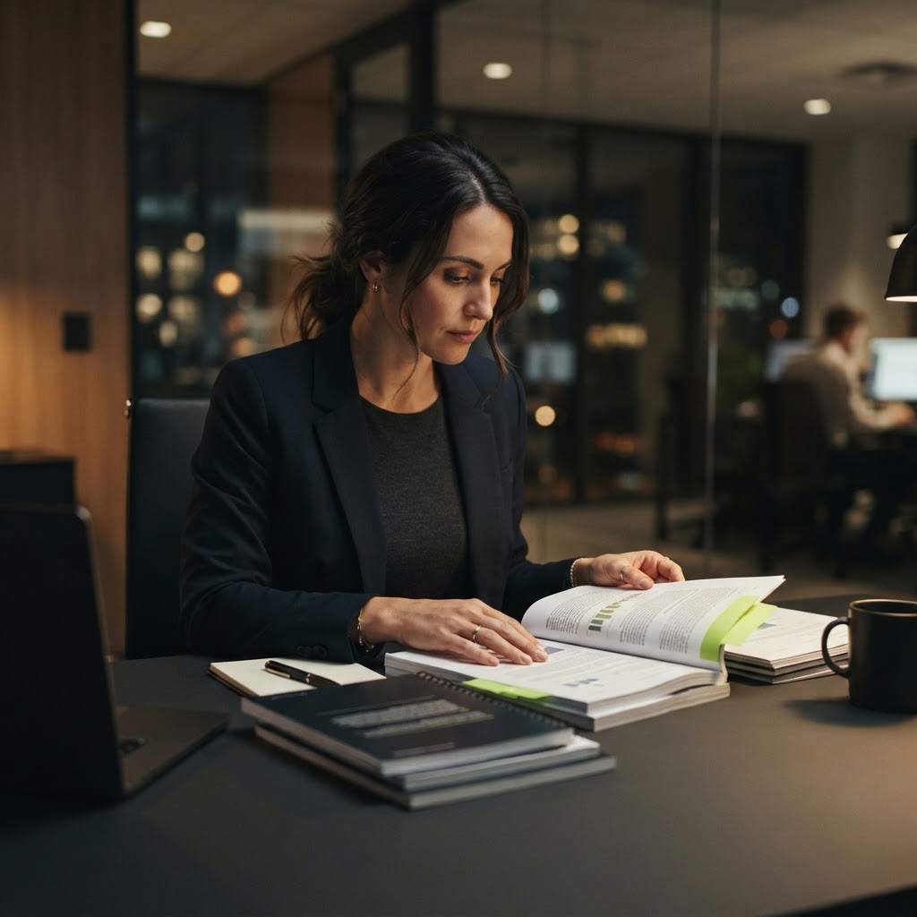 Professional analyst reviewing physical due diligence reports