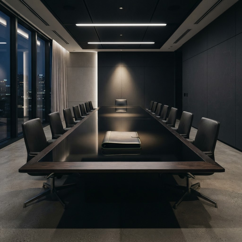 Sophisticated boardroom setting with a single research dossier