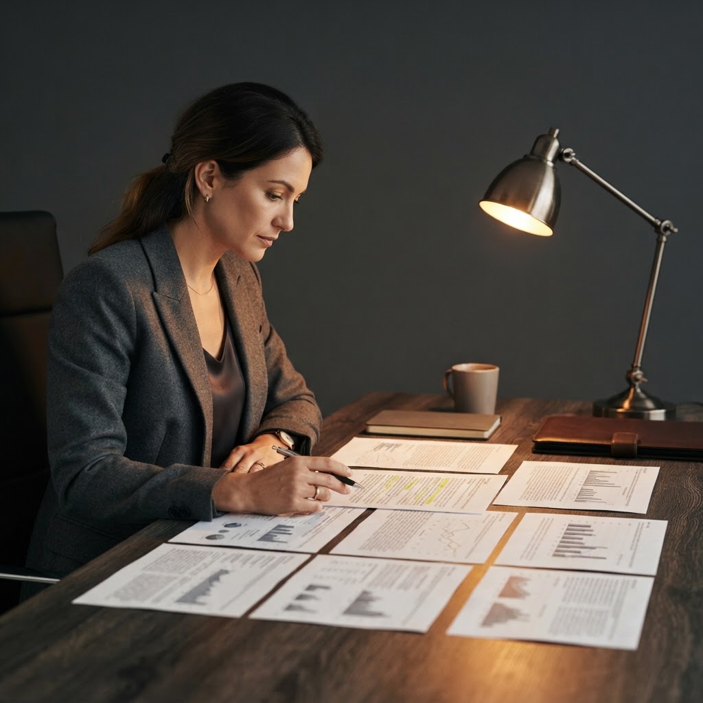 Analyst reviewing organized research documents on a dark table