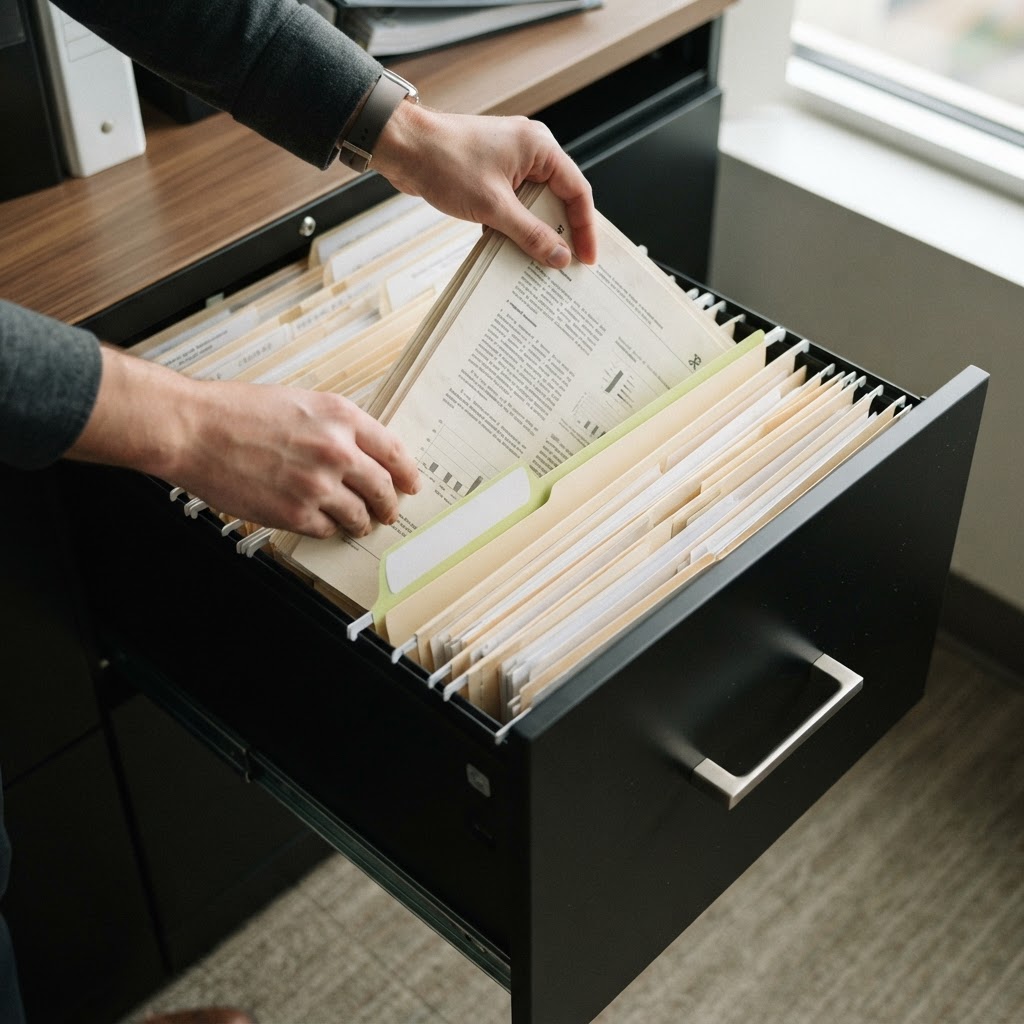 Hands organizing professional documents into a filing cabinet