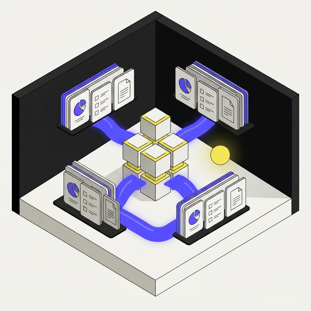 Isometric modular hub showing research and output workflow