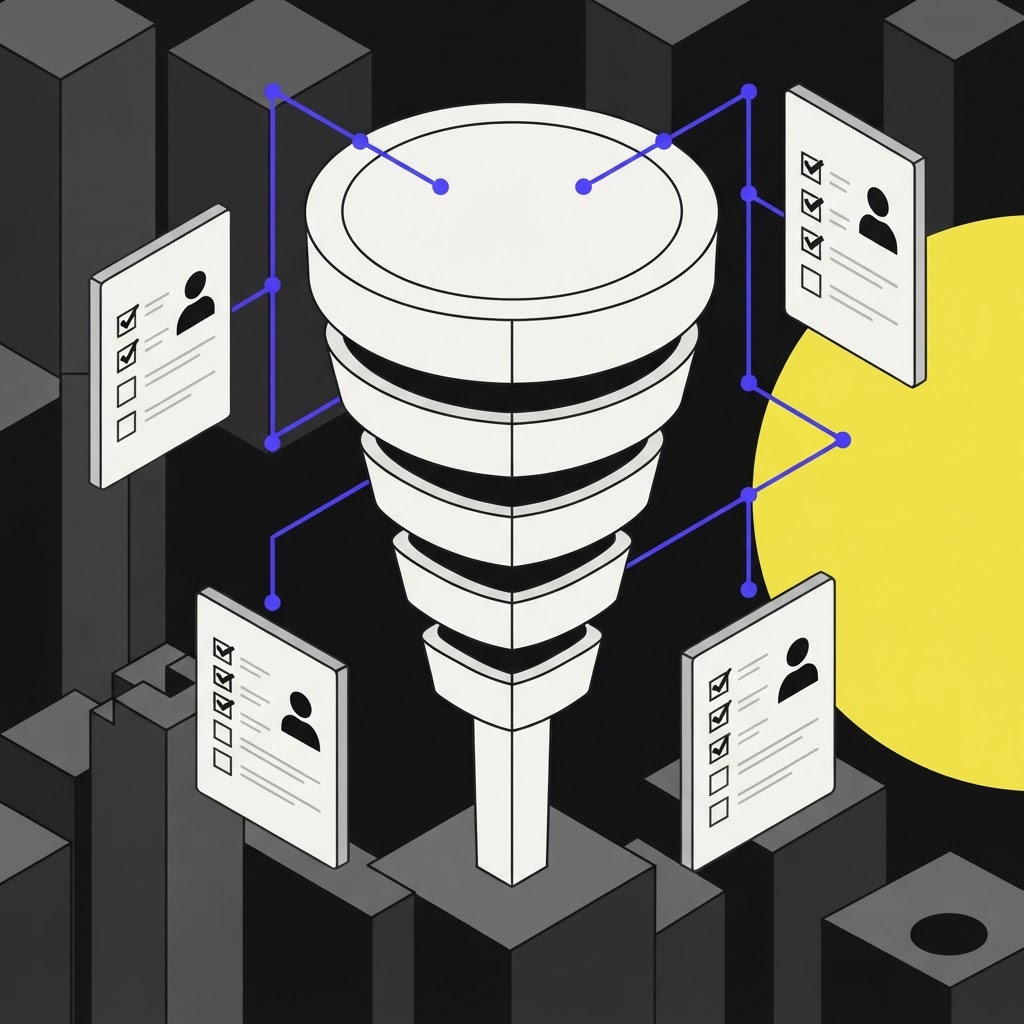 Isometric illustration of a research funnel process