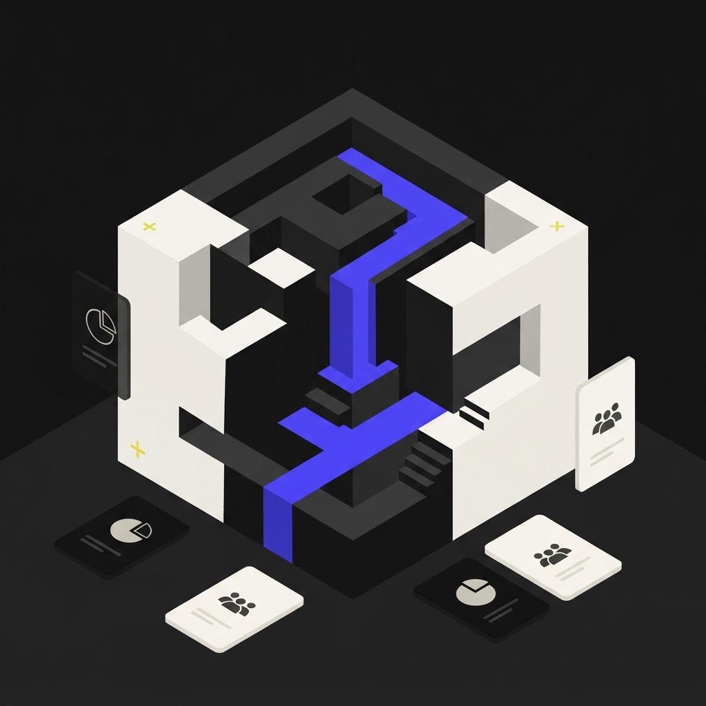 Isometric illustration of complex research process maze