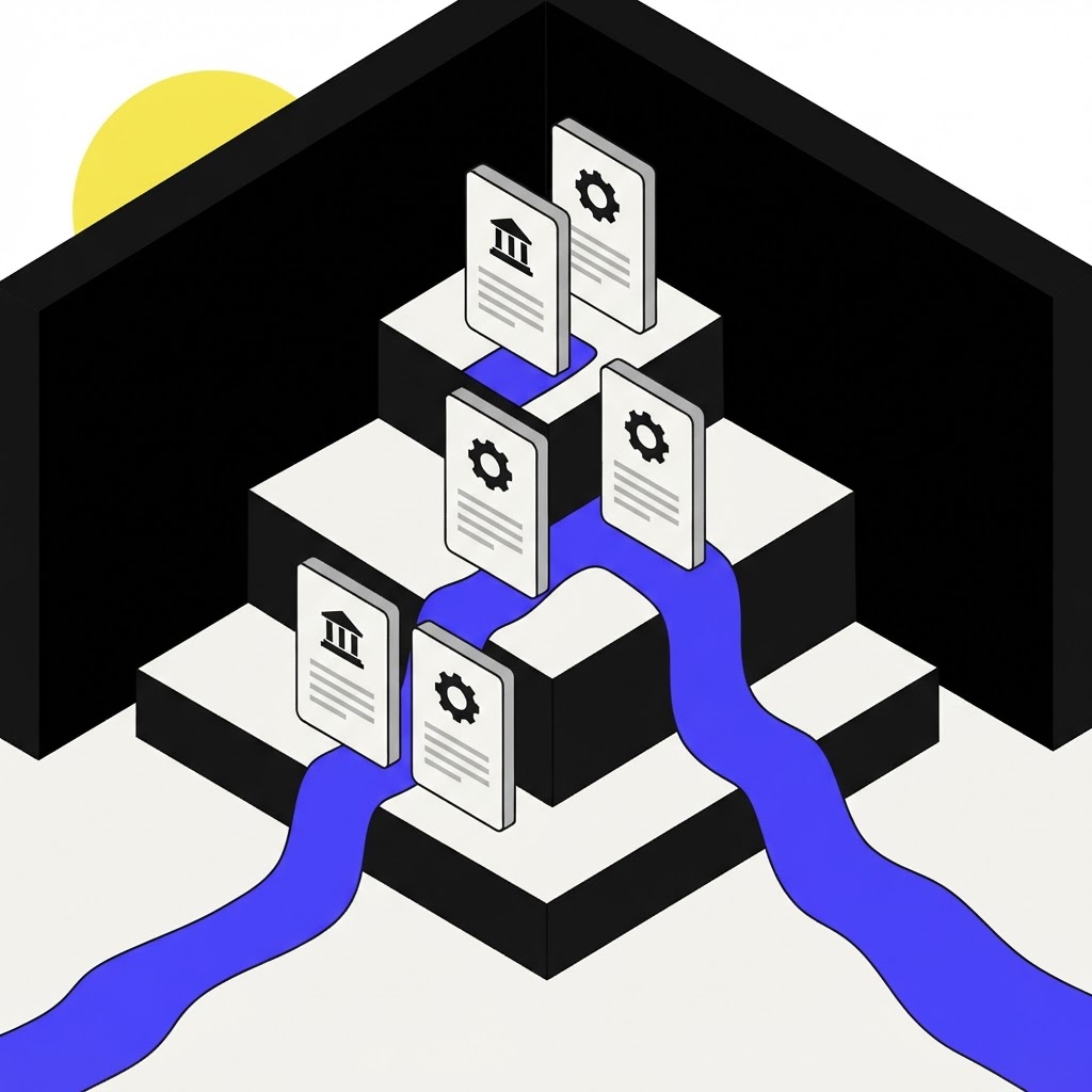 Isometric illustration of research foundation and process tiers