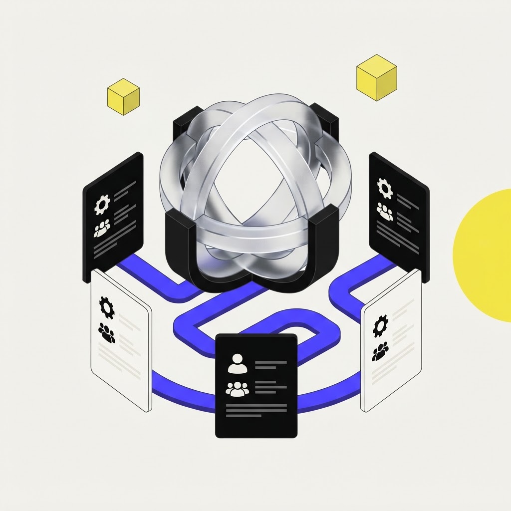 Interlocking glass rings hero object representing verifiable citation paths