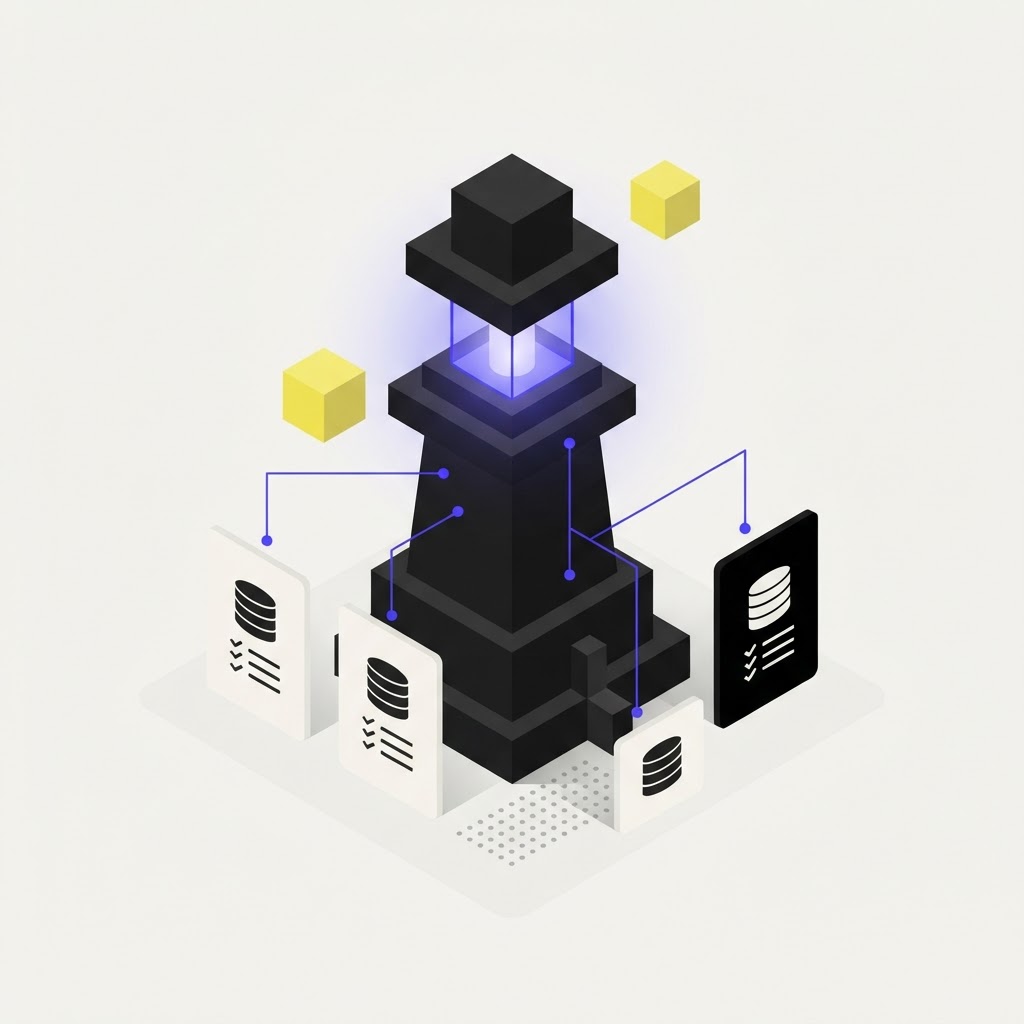 Isometric lighthouse hero object with citation trail connectors