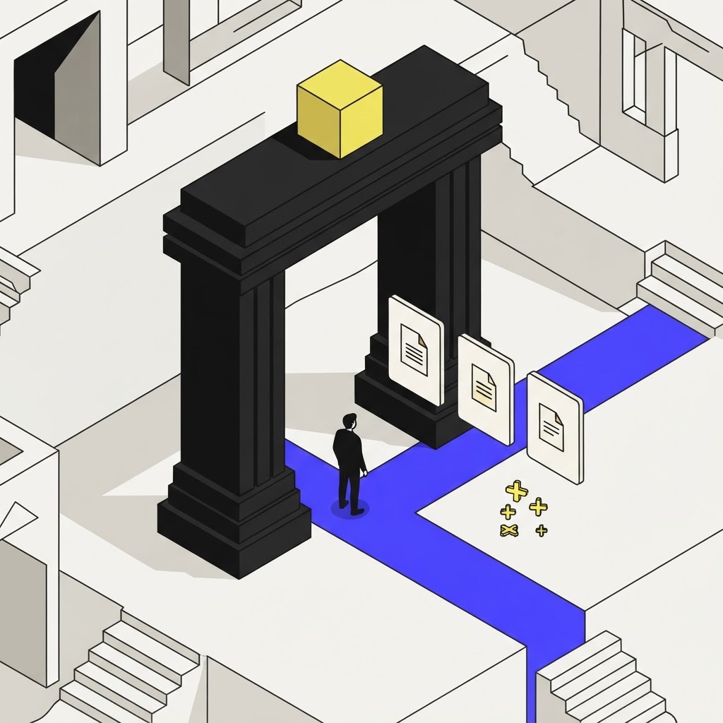 Simplified figure standing before a portal of verifiable research cards