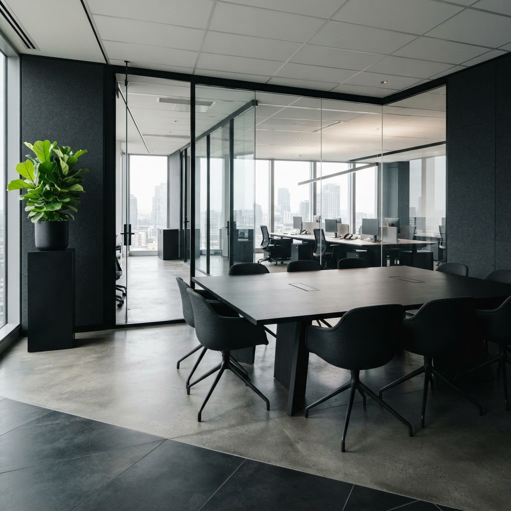 Minimalist high stakes office workspace with neutral tones