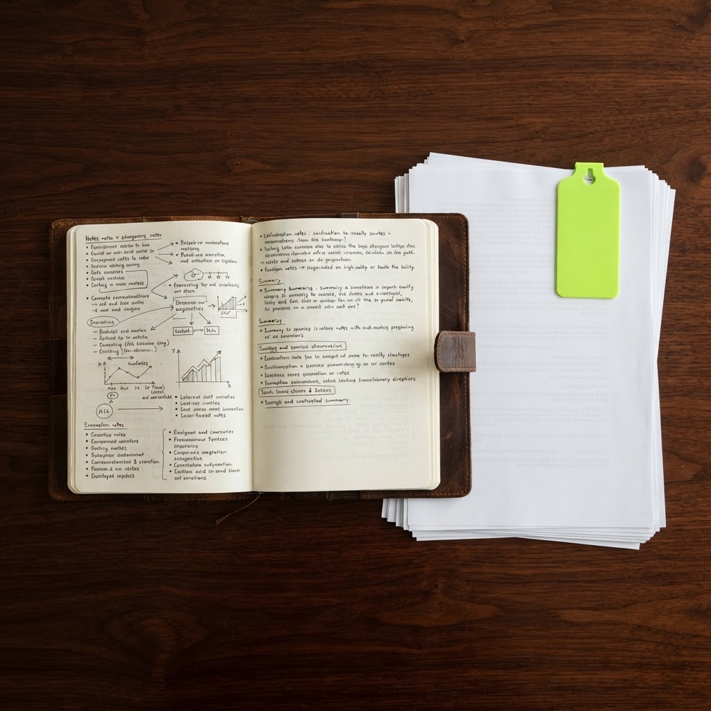 Organized research documents with a signal lime green tag