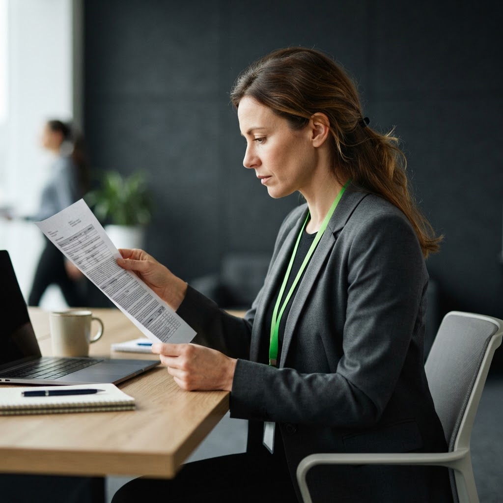 Professional analyst reading a printed regulatory filing