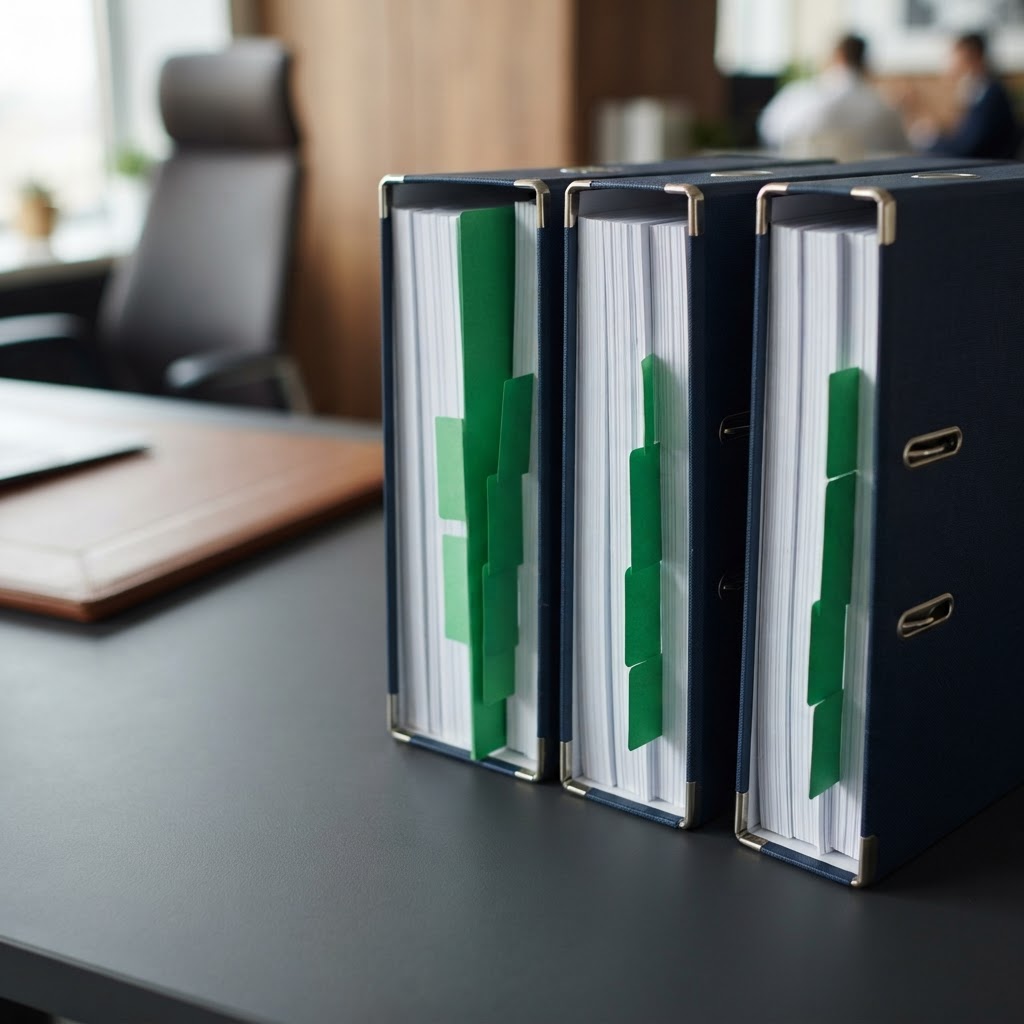 Line of organized professional binders with green tabs
