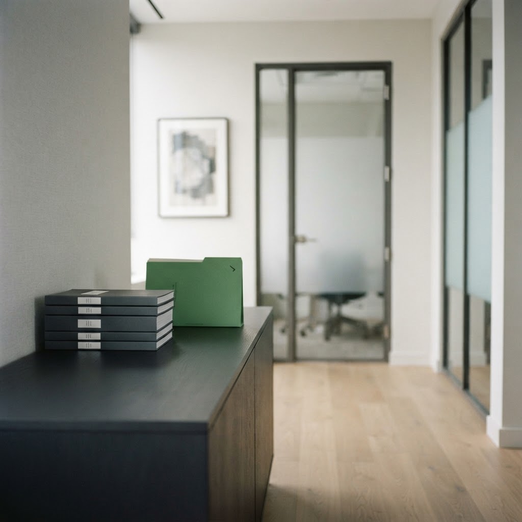 Minimalist office interior with organized research documents