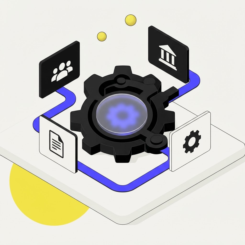 Gear and linkage icon representing institutional onboarding systems