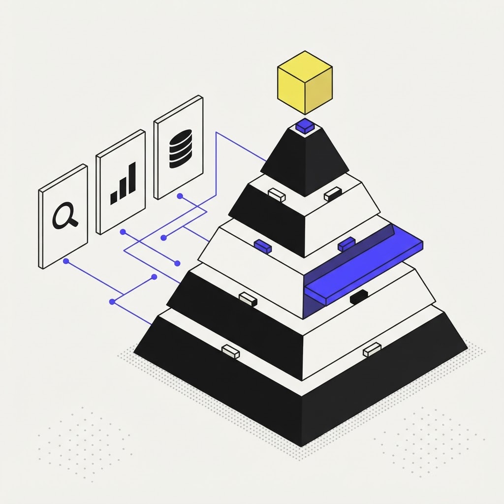 Tiered pyramid icon showing layers of defensible research
