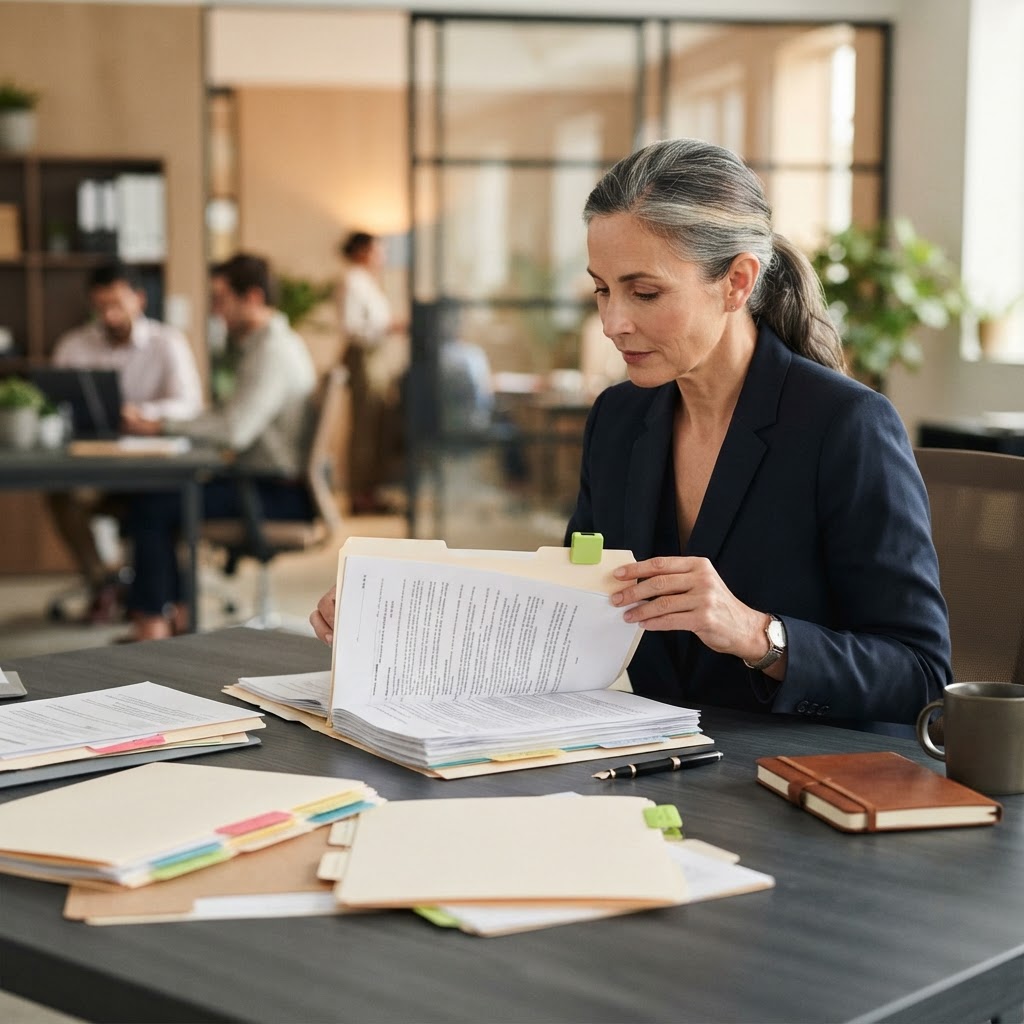 Compliance analyst reviewing physical files at a clean desk