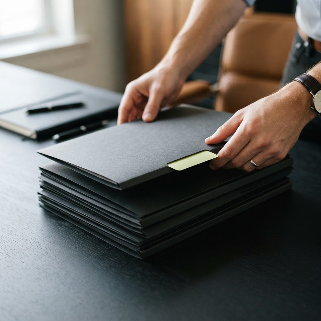 Hands organizing professional dossiers with a green status tab