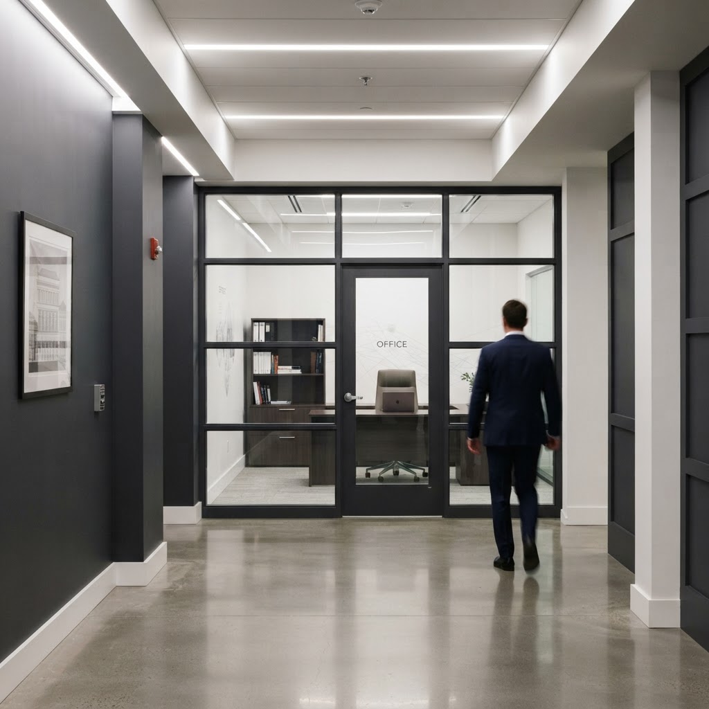 Architectural view of a quiet, professional office hallway