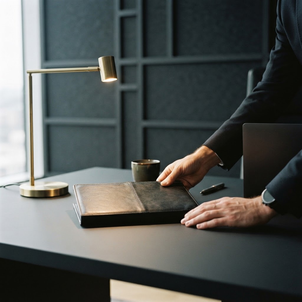 Professional placing a document folder on a dark desk