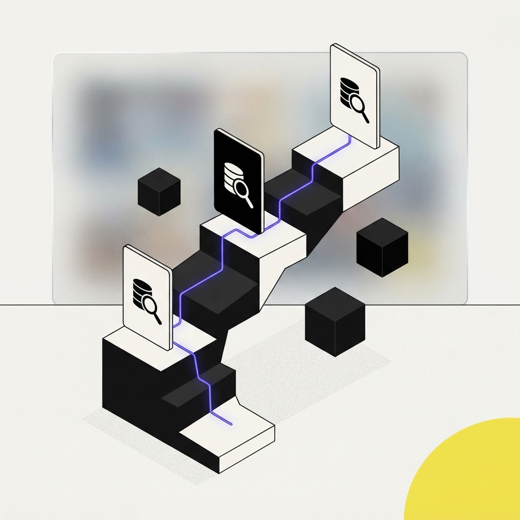 Isometric staircase structure with audit checklist cards
