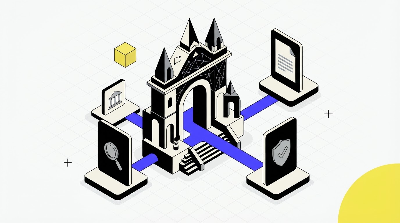 Isometric illustration of a secure gateway and compliance cards